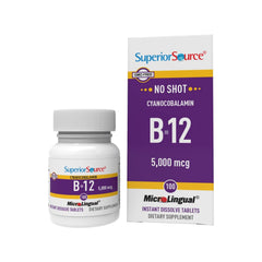 Superior Source B-12 cyanocobalamin tablet dissolving on the tongue for quick absorption.