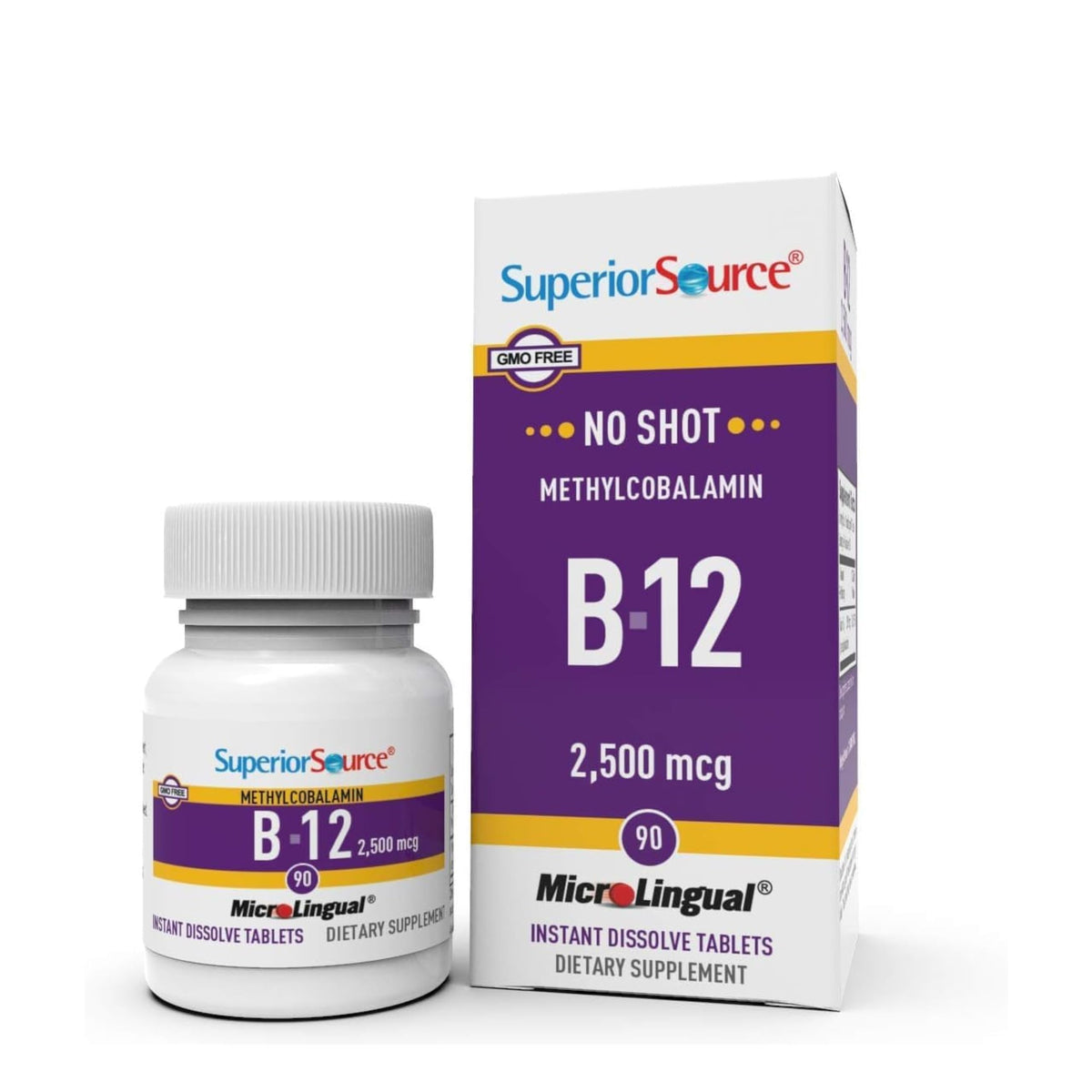 Superior Source No Shot B12 dissolving tablet on tongue for quick energy support.