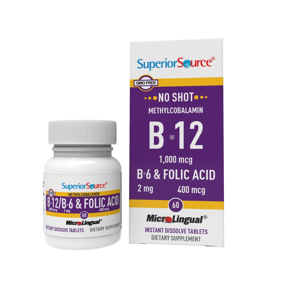 Superior Source No Shot B-12 bottle with sublingual tablets for convenient daily energy support