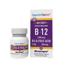 Superior Source No Shot B-12 bottle with sublingual tablets for convenient daily energy support