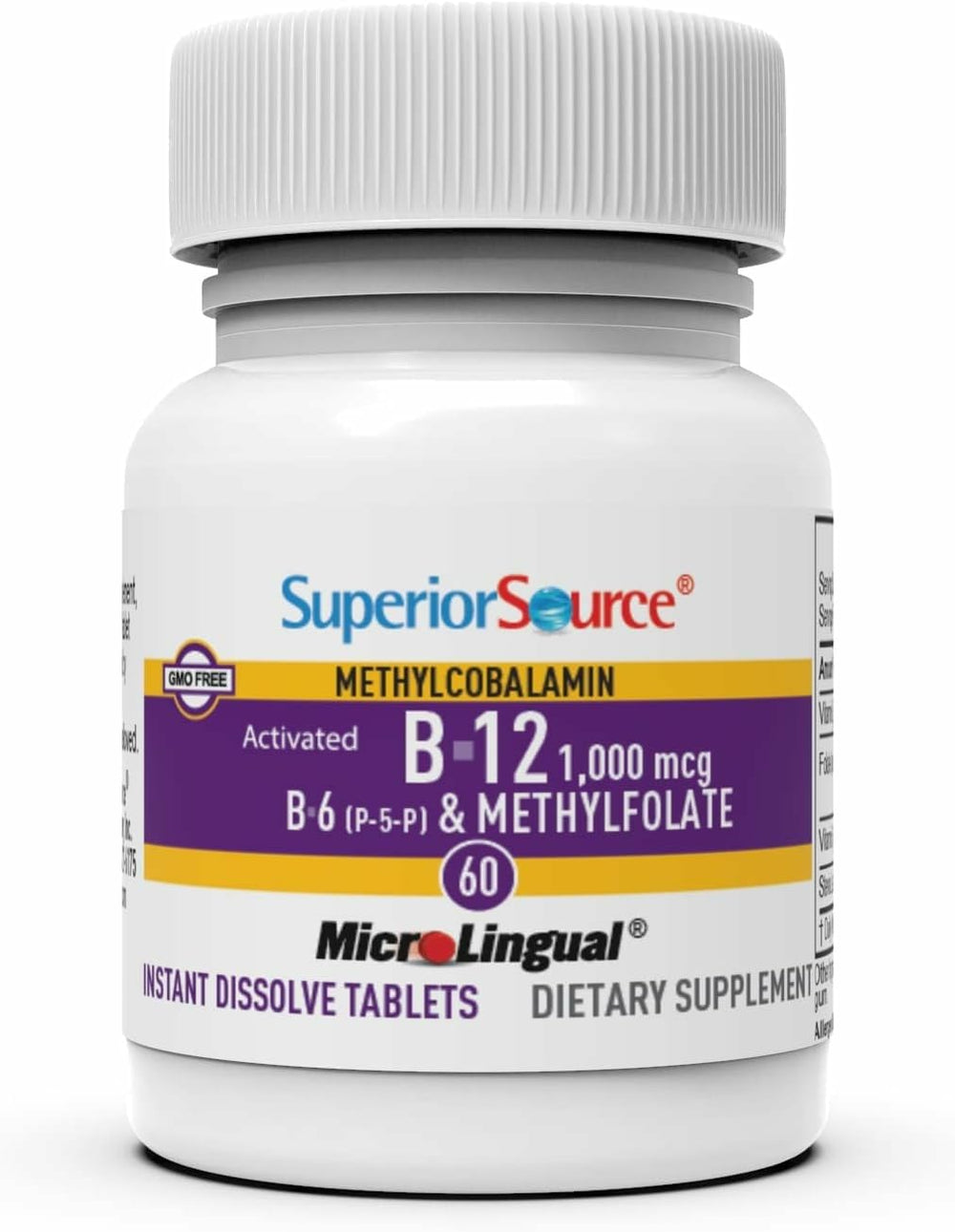 Superior Source No Shot B-12 methylcobalamin label emphasizes purity and active ingredients.