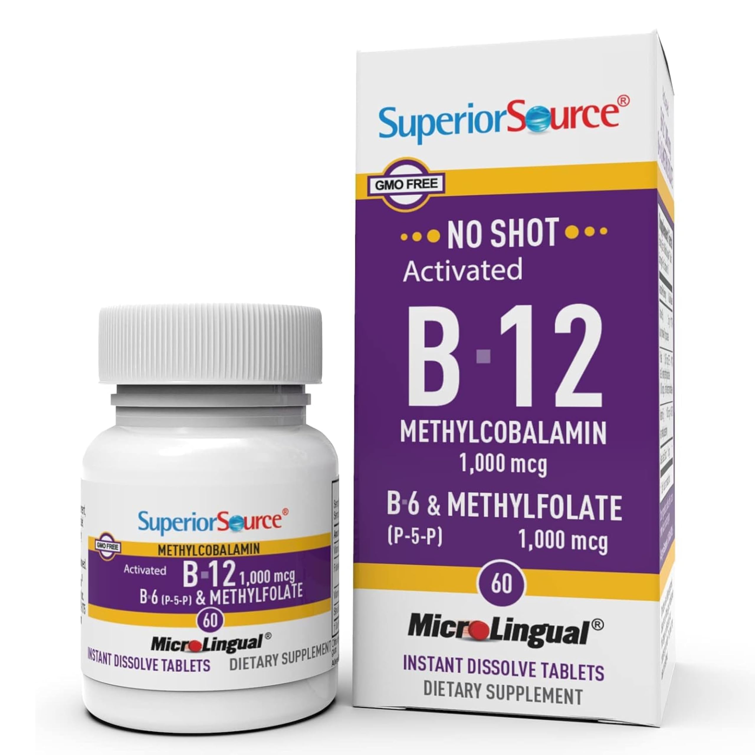 Superior Source No Shot B-12 methylcobalamin tablets in a bottle support energy metabolism.