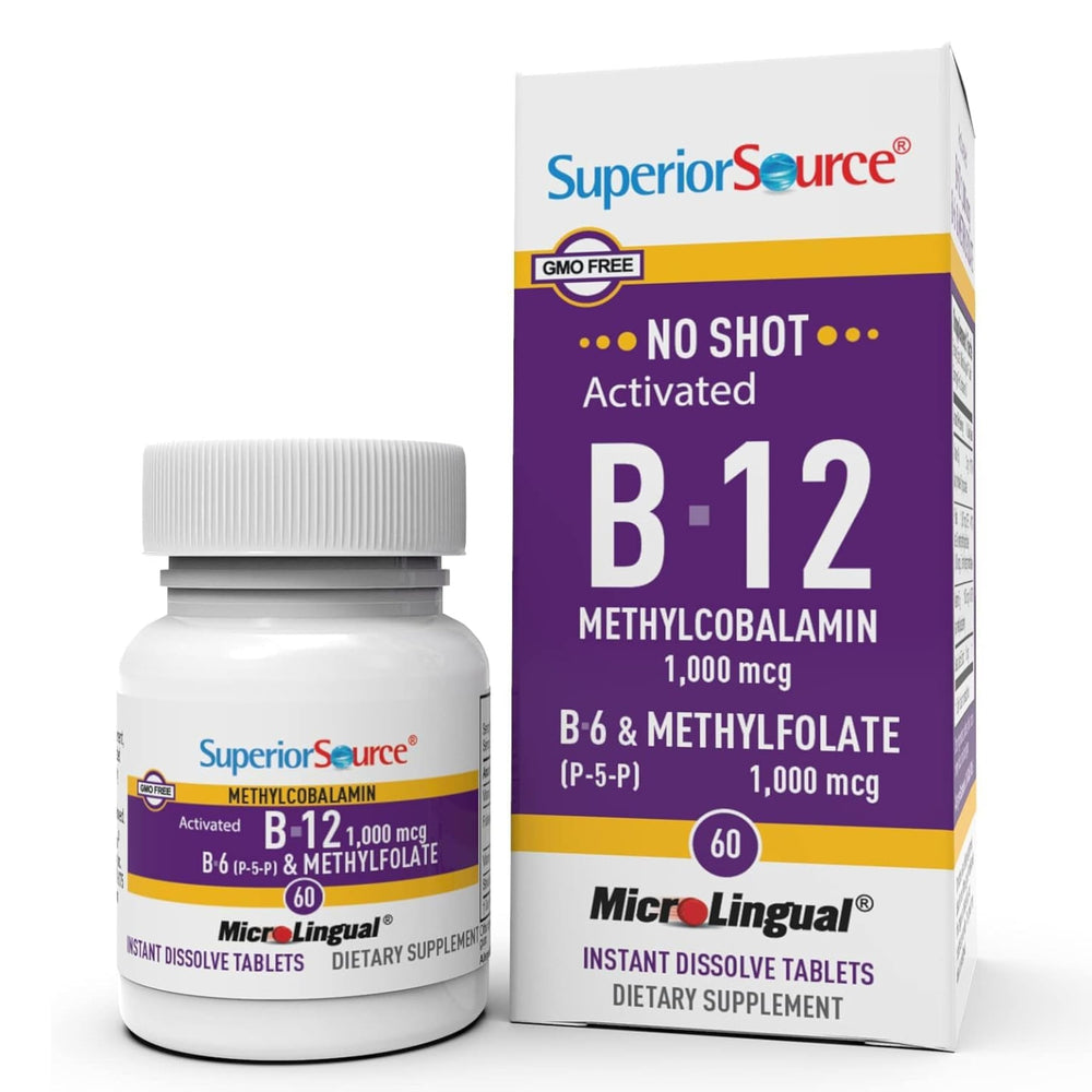 Superior Source No Shot B-12 methylcobalamin tablets in a bottle support energy metabolism.
