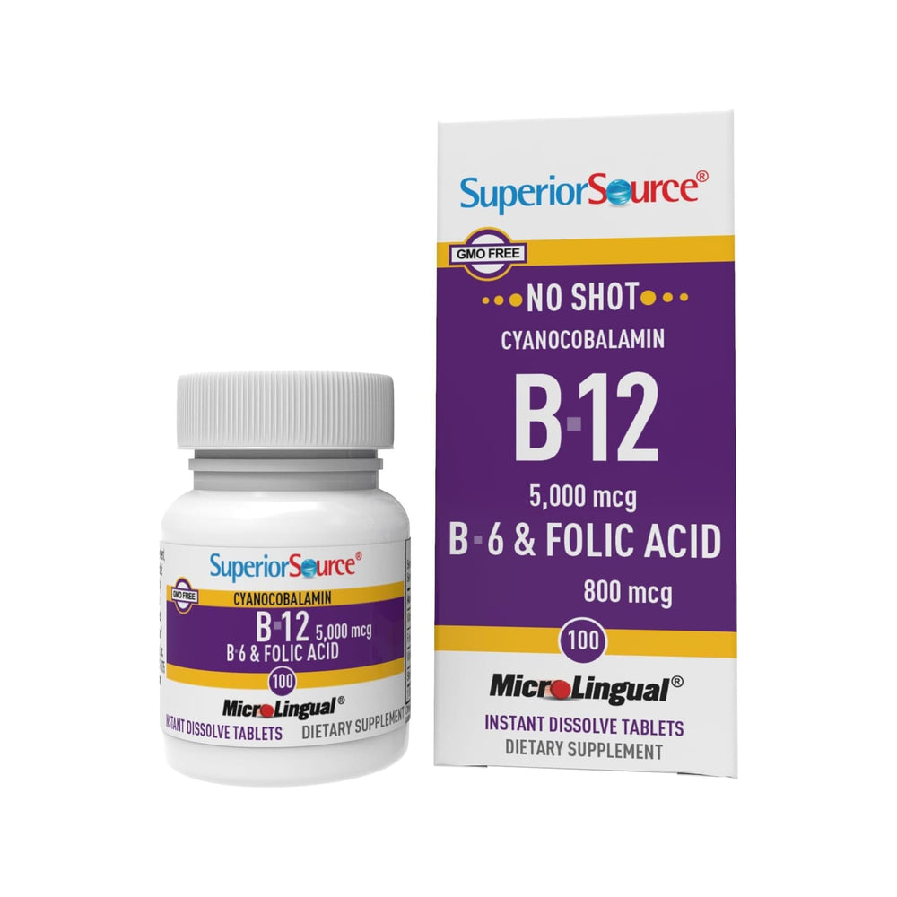 Superior Source No Shot B12 tablet dissolving under tongue for rapid absorption and daily energy.