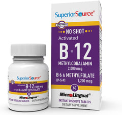 Superior Source No Shot B12 tablets dissolve under the tongue for quick energy support.