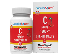 Superior Source Vitamin C 500 mg Sour Cherry Melts bottle shown for daily immune support