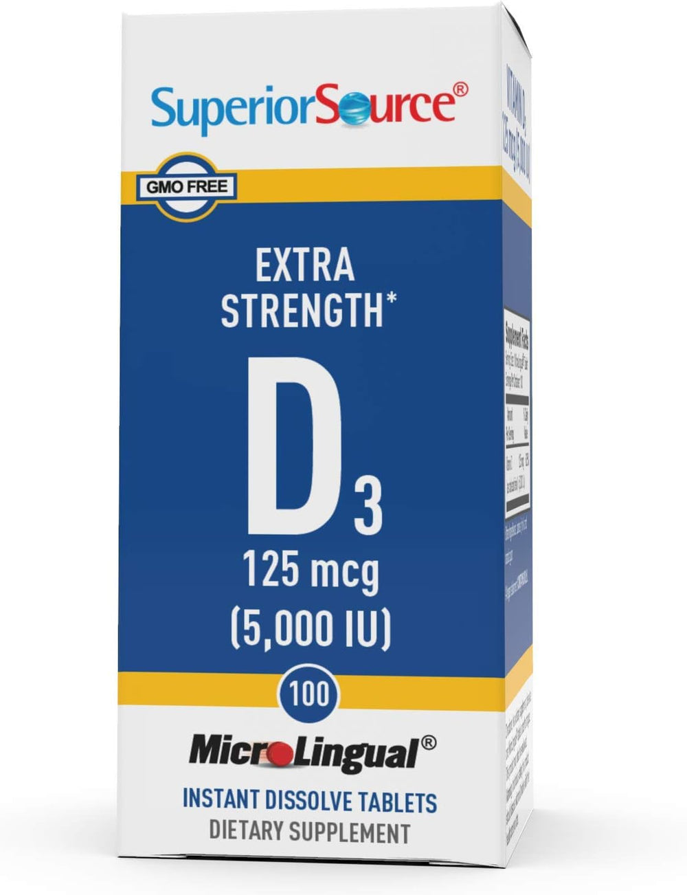 Label closeup of Superior Source Vitamin D3 5000 IU showing non-GMO formula.
