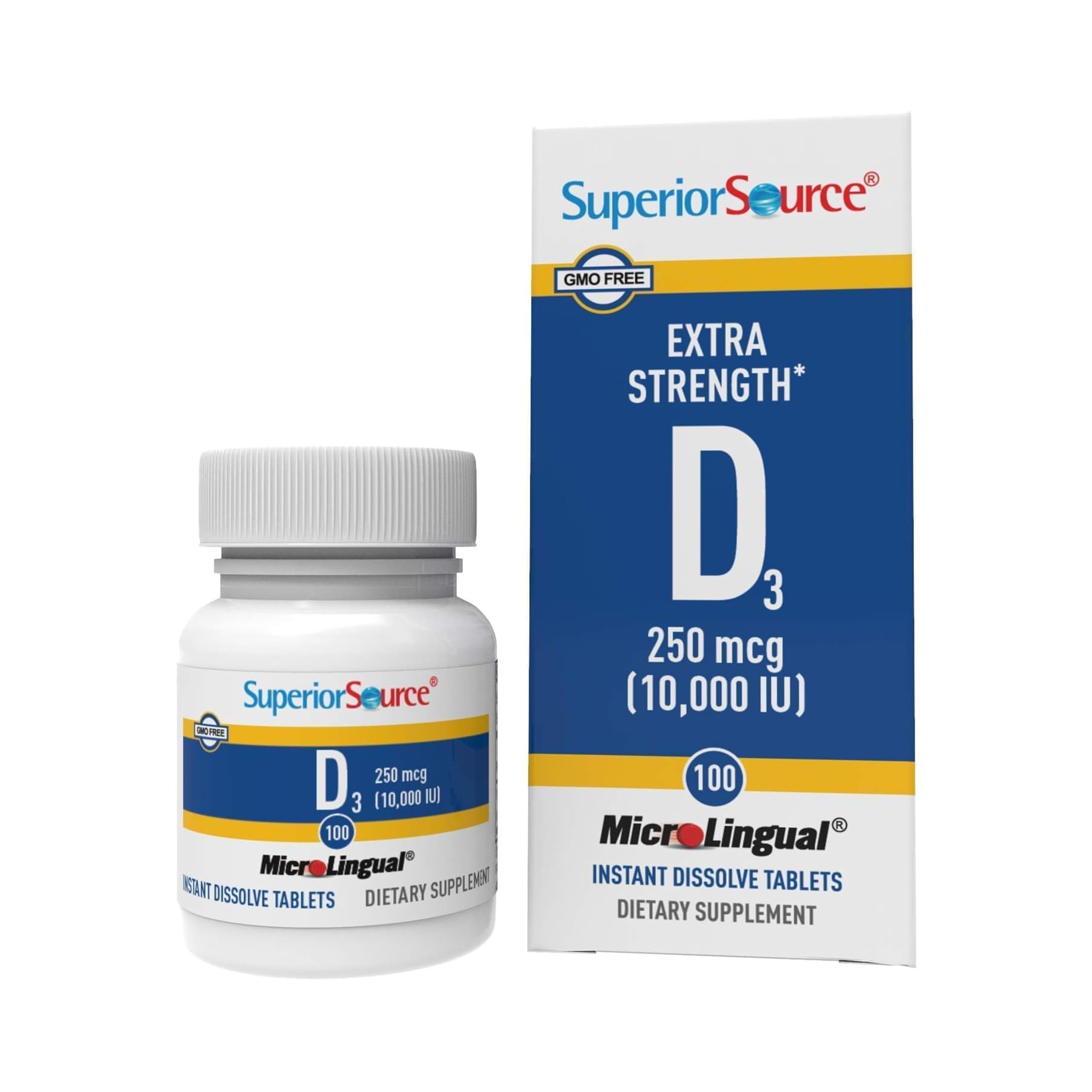 Superior Source Vitamin D3 microlingual tablets in a bottle supporting bone health.