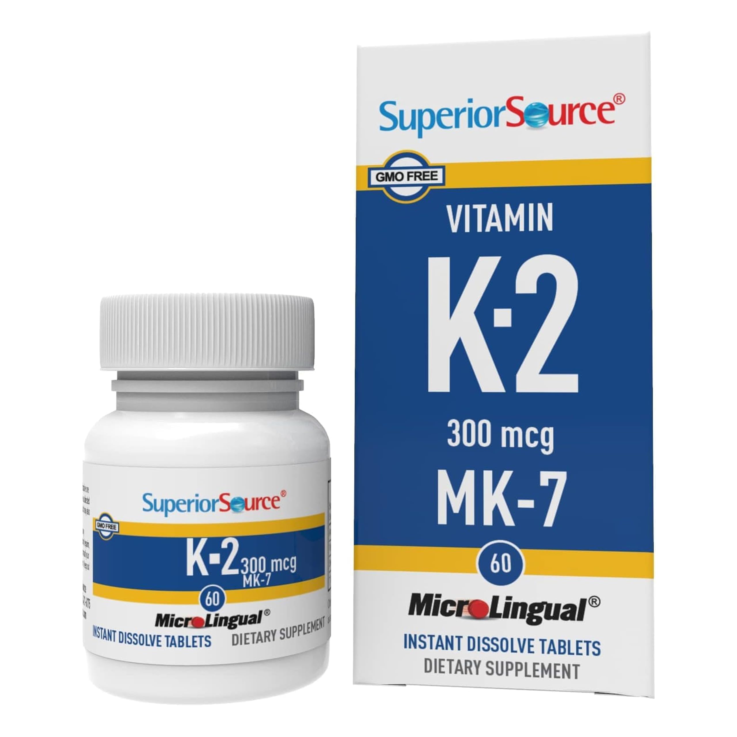 Superior Source Vitamin K2 MK-7 pack with 60 quick-dissolve tablets for convenience.