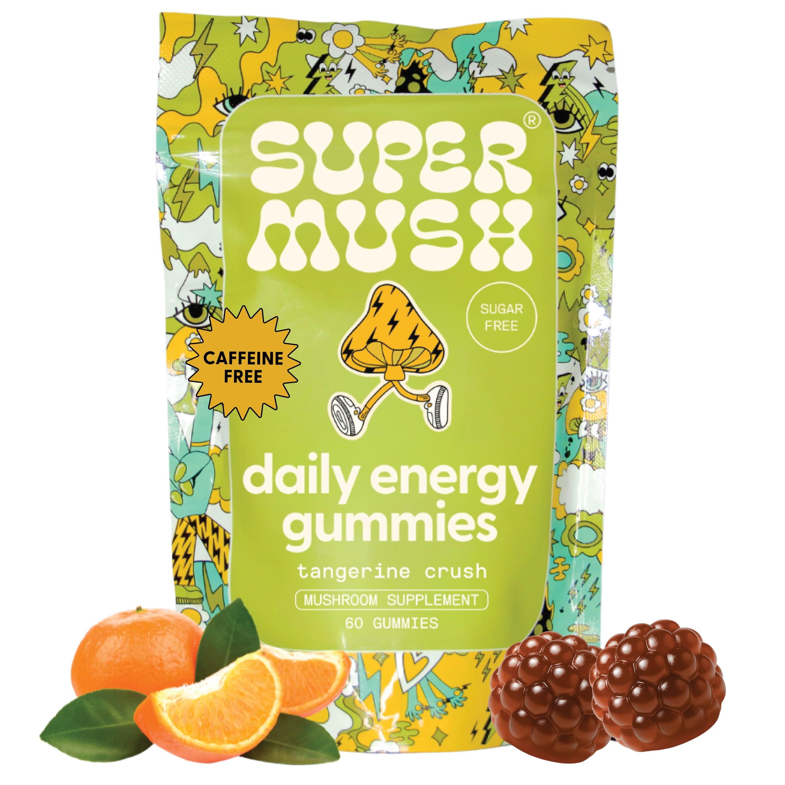SuperMush Energy Gummies bottle front showing tangy bites for focused energy.