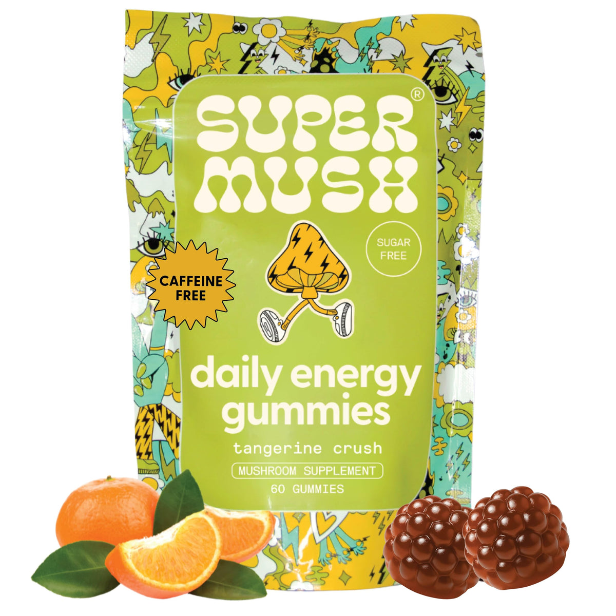 SuperMush Energy Gummies bottle front showing tangy bites for focused energy.