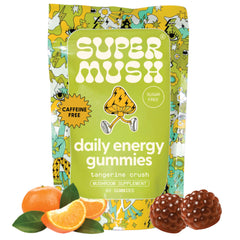 SuperMush Energy Gummies bottle front showing tangy bites for focused energy.