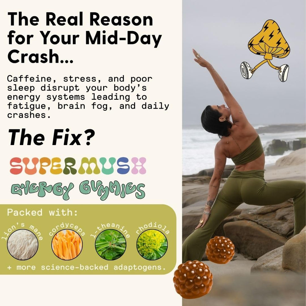SuperMush gummies with cordyceps and lion's mane visual cues for mental stamina.