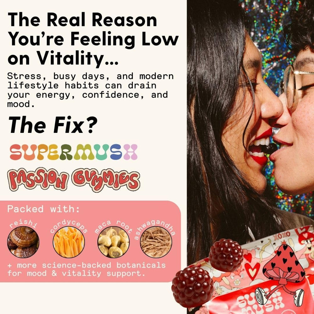 Ingredients scene features Cordyceps, Reishi, and Maca to illustrate natural vitality support
