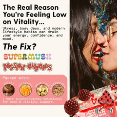 Ingredients scene features Cordyceps, Reishi, and Maca to illustrate natural vitality support