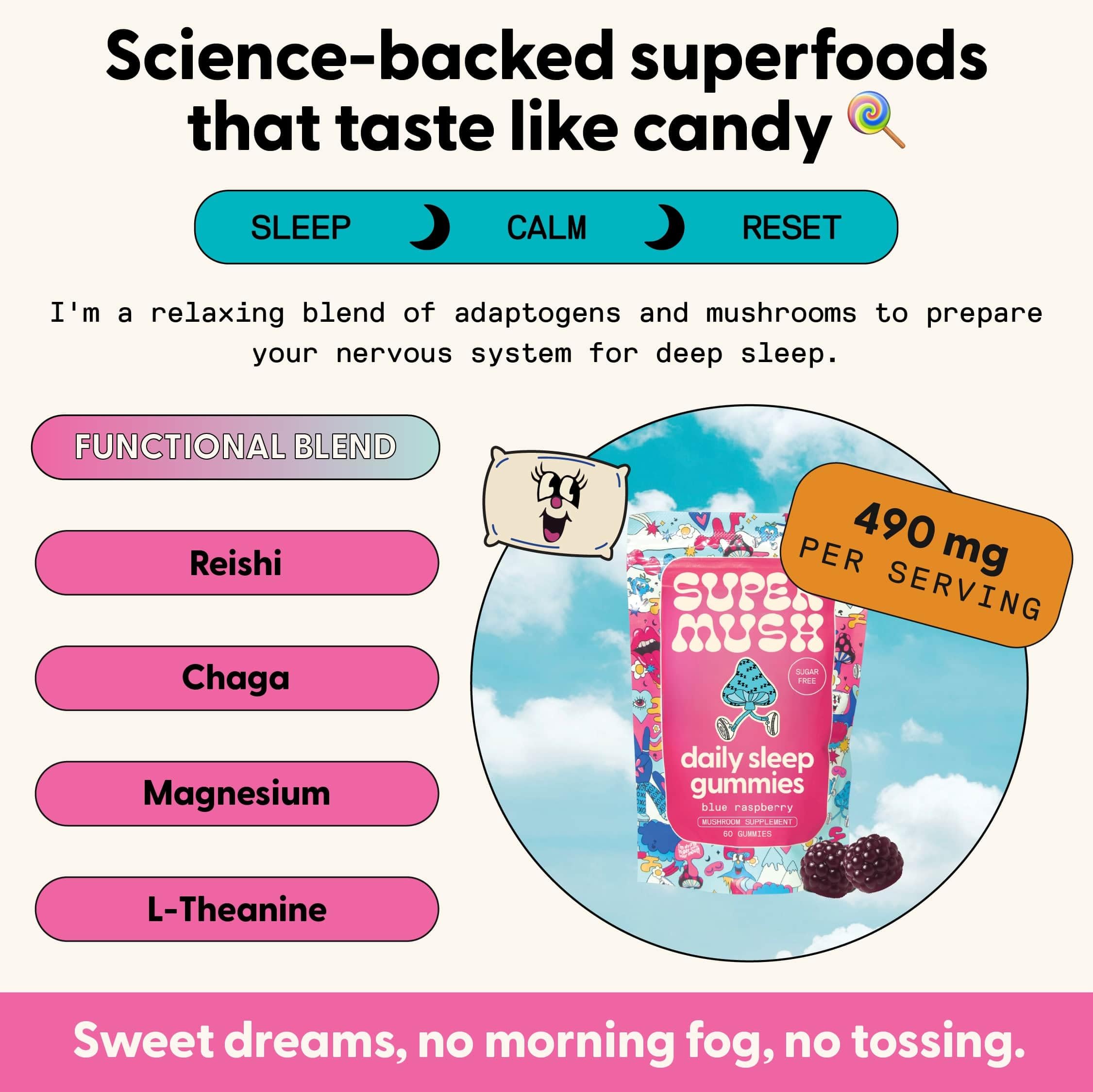 Close-up of SuperMush Sleep Gummies highlighting texture for easy nightly routine.