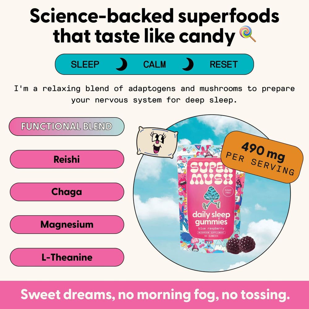 Close-up of SuperMush Sleep Gummies highlighting texture for easy nightly routine.
