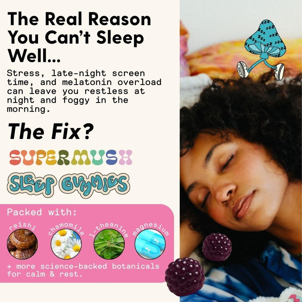 Label detail of SuperMush Sleep Gummies showing vegan and sugar-free ingredients.