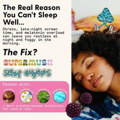 Label detail of SuperMush Sleep Gummies showing vegan and sugar-free ingredients.