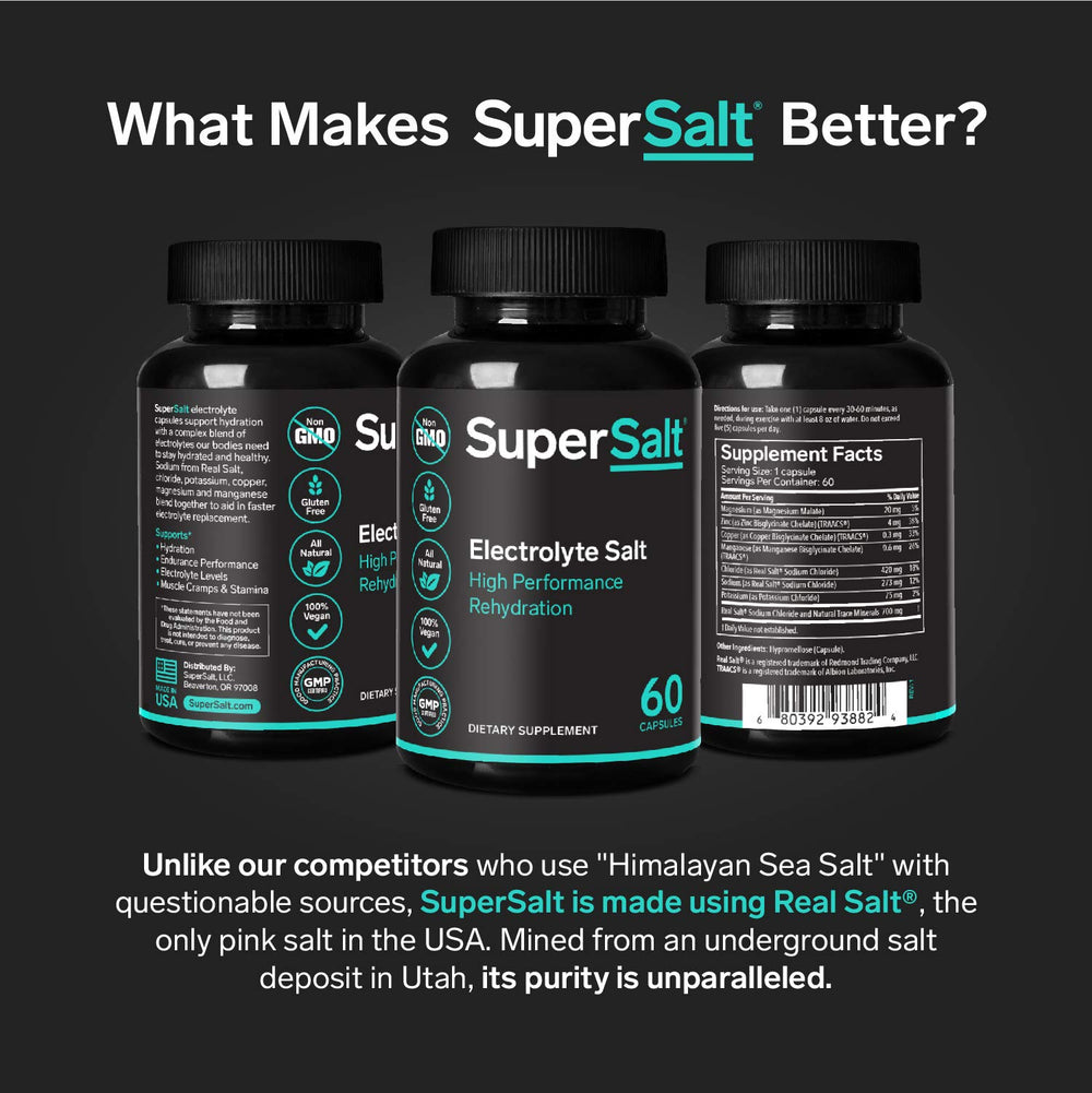 Close-up of SuperSalt electrolyte tablets highlighting mineral blend for recovery.