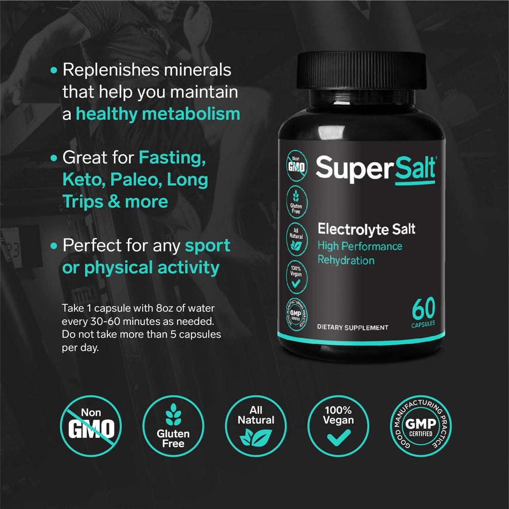 Glass of water with SuperSalt tablets dissolving for refreshing hydration.