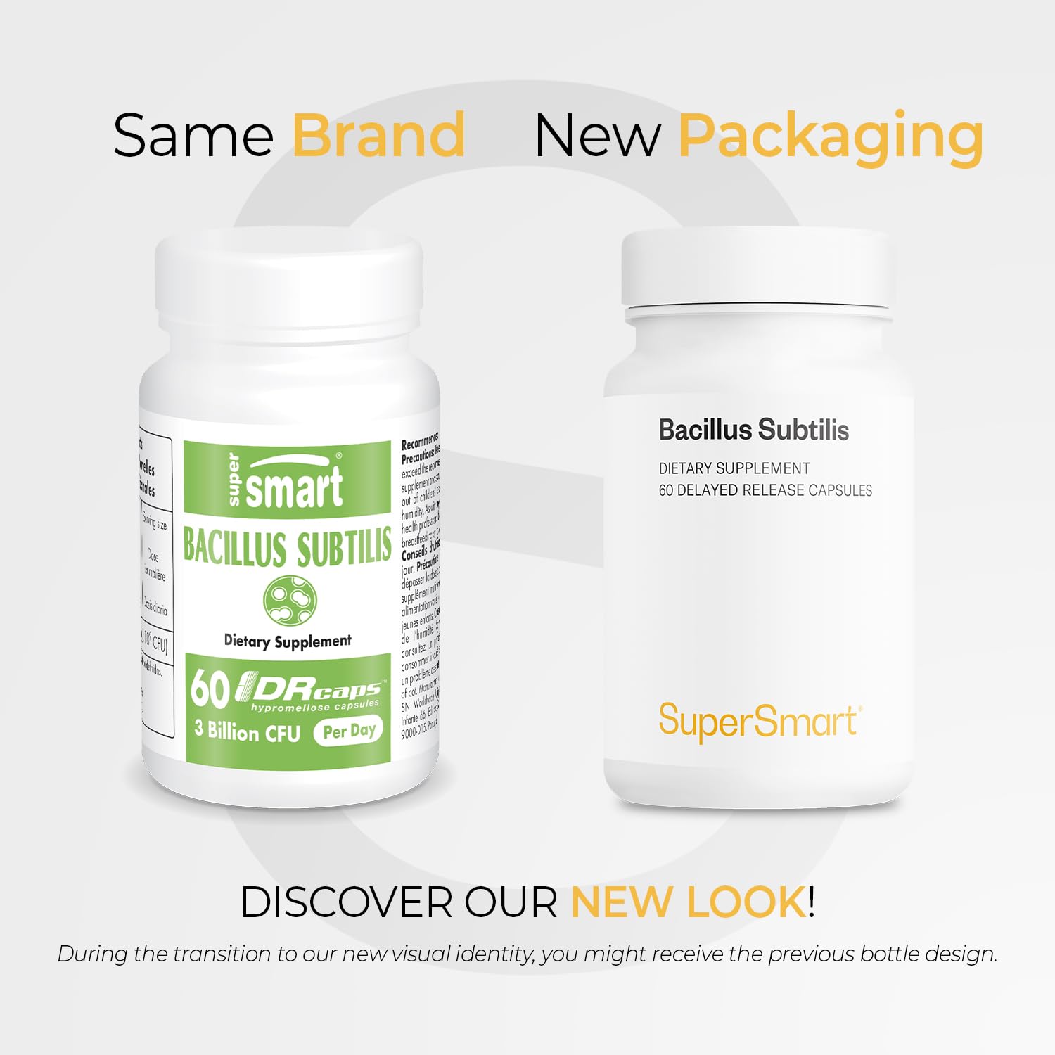 Supersmart Bacillus Subtilis 3 Billion CFU capsules close-up showing delayed-release gastro-resistant design