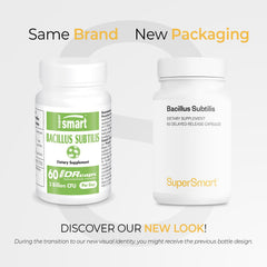 Supersmart Bacillus Subtilis 3 Billion CFU capsules close-up showing delayed-release gastro-resistant design