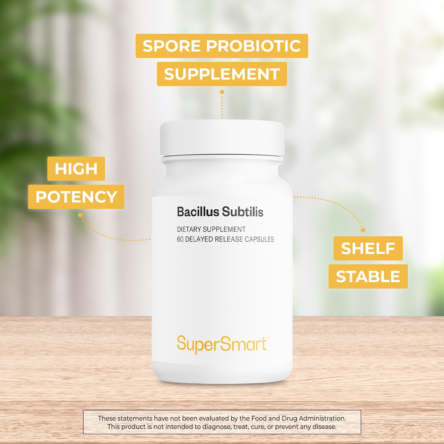 Supersmart Bacillus Subtilis 3 Billion CFU label detail noting non-GMO and gluten-free formula
