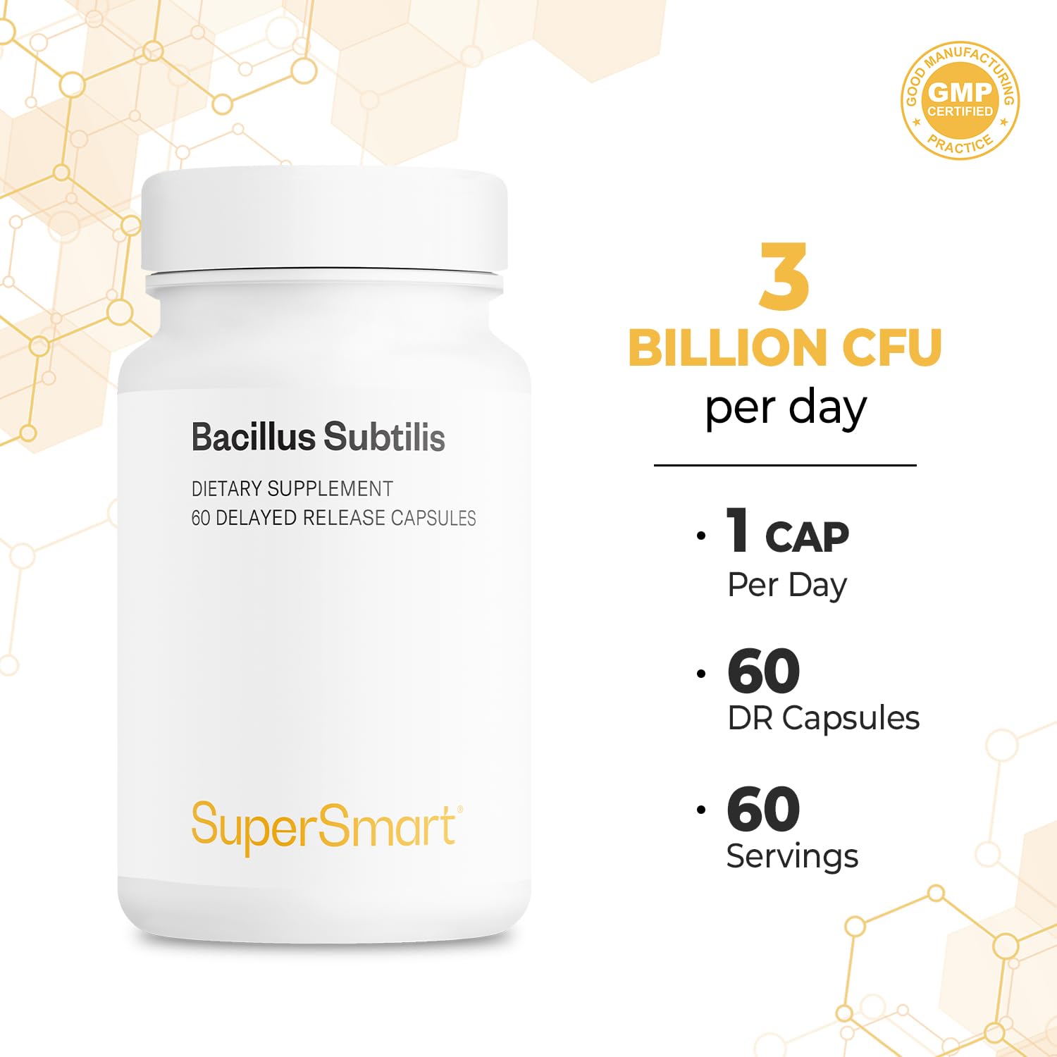 Supersmart Bacillus Subtilis 3 Billion CFU capsules in blister pack emphasizing vegetarian-friendly capsule