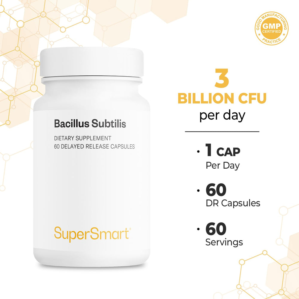 Supersmart Bacillus Subtilis 3 Billion CFU capsules in blister pack emphasizing vegetarian-friendly capsule