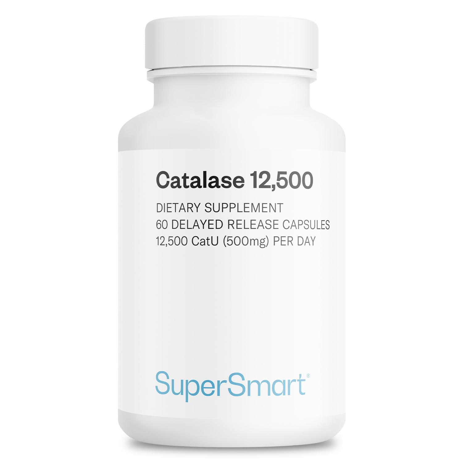 Supersmart Catalase 500mg bottle shown, highlighting a potent natural enzyme for daily vitality