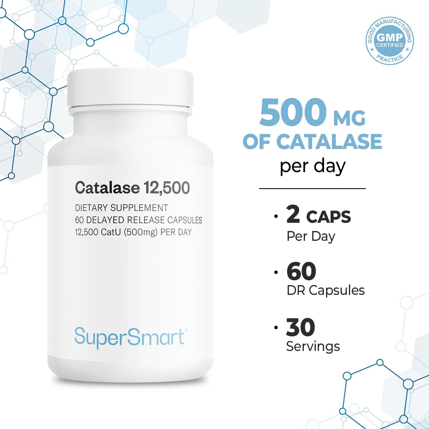 Supersmart Catalase 500mg box front, conveying premium packaging and clear ingredient details