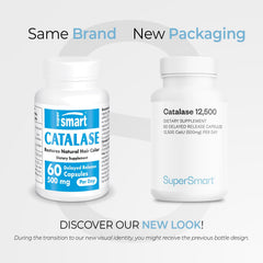 Supersmart Catalase 500mg capsules closeup, emphasizing delayed-release technology for gentler digestion