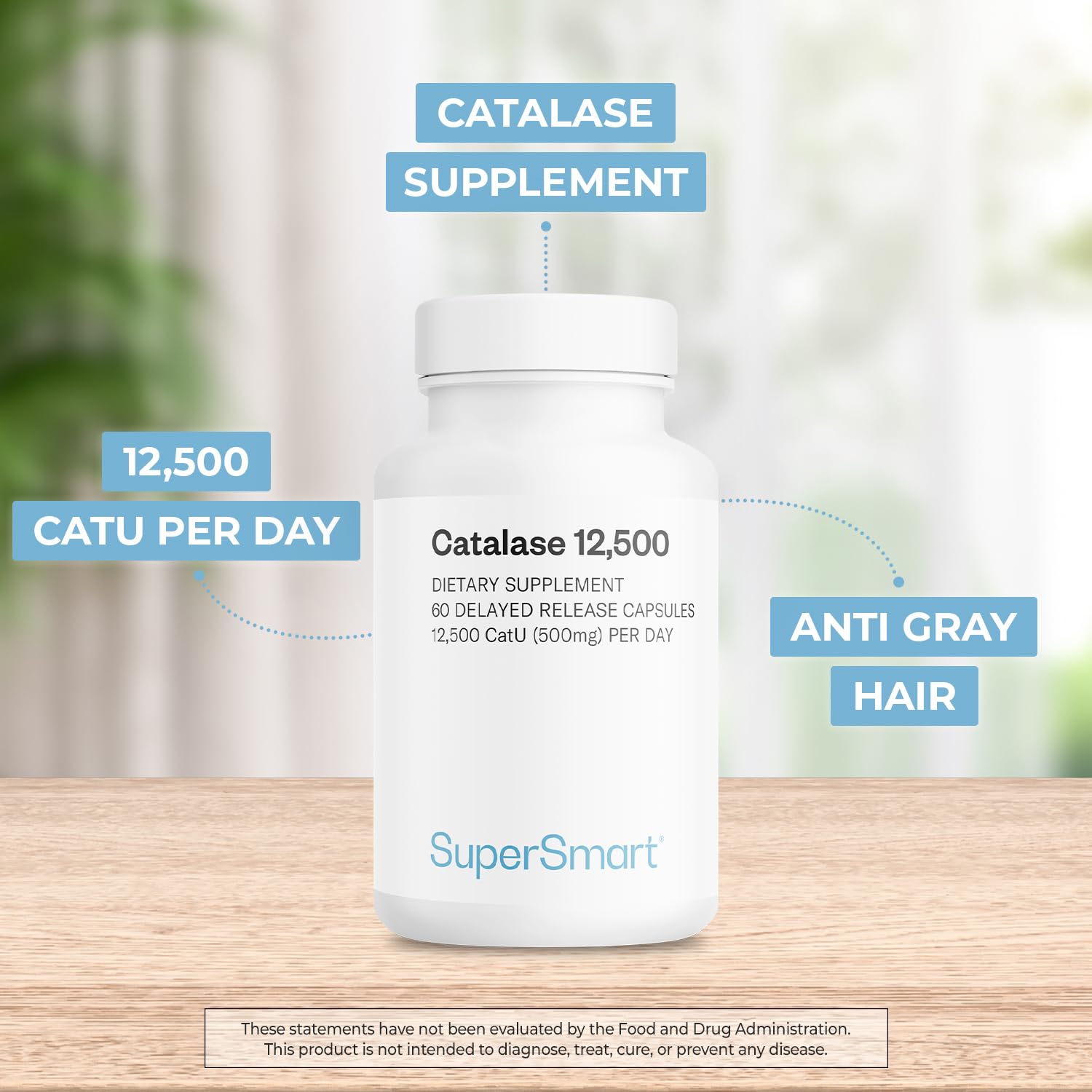 Supersmart Catalase 500mg delayed-release capsules in view, emphasizing gastro-resistant design for consistent effect