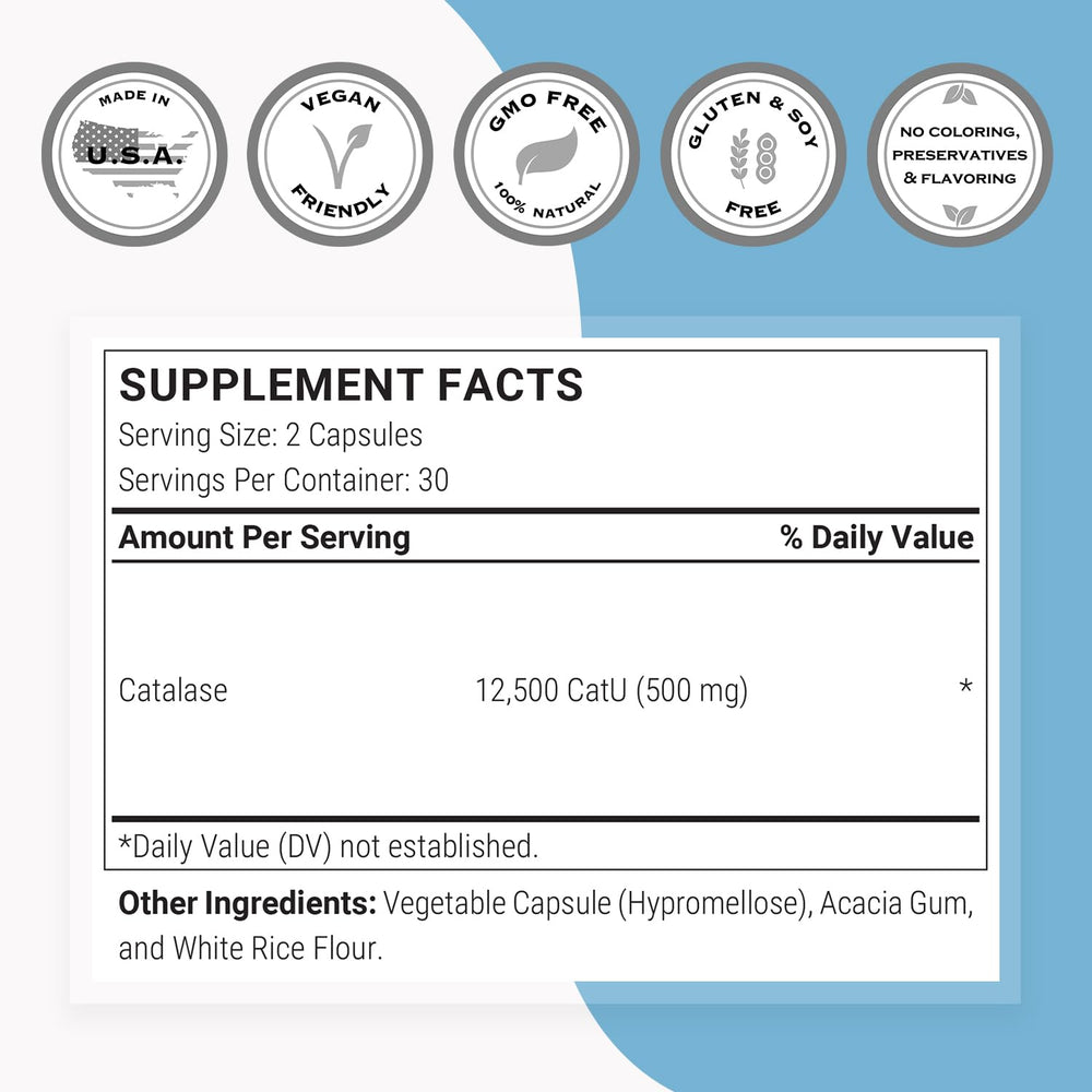 Supersmart Catalase 500mg label closeup, featuring non-GMO and gluten-free claims