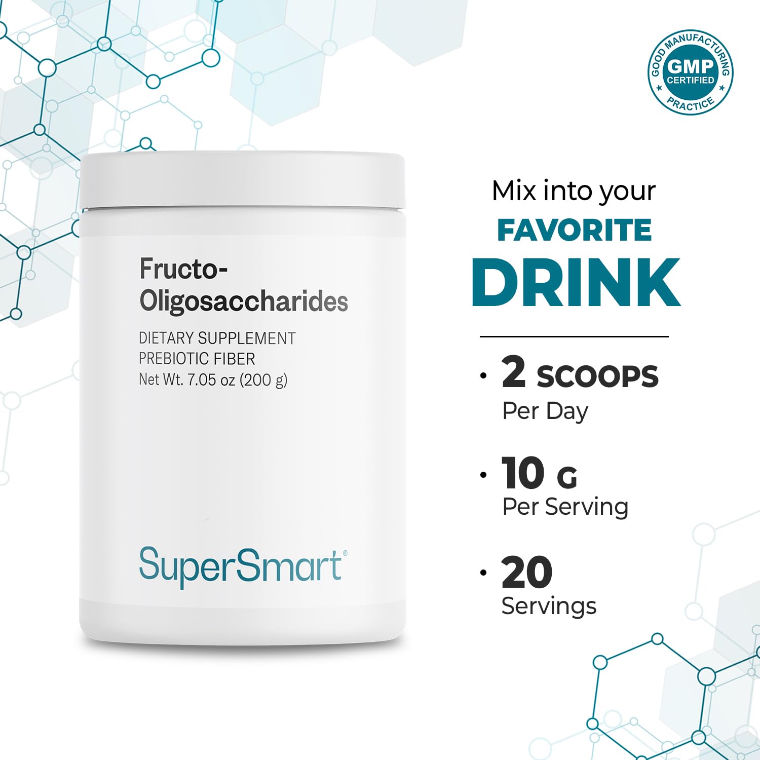 Ingredient label highlights Non-GMO and Gluten Free on Supersmart FOS