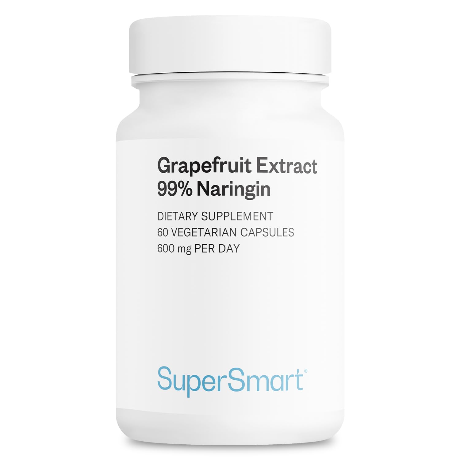Supersmart grapefruit extract bottle showcasing 600 mg daily dose for antioxidant support
