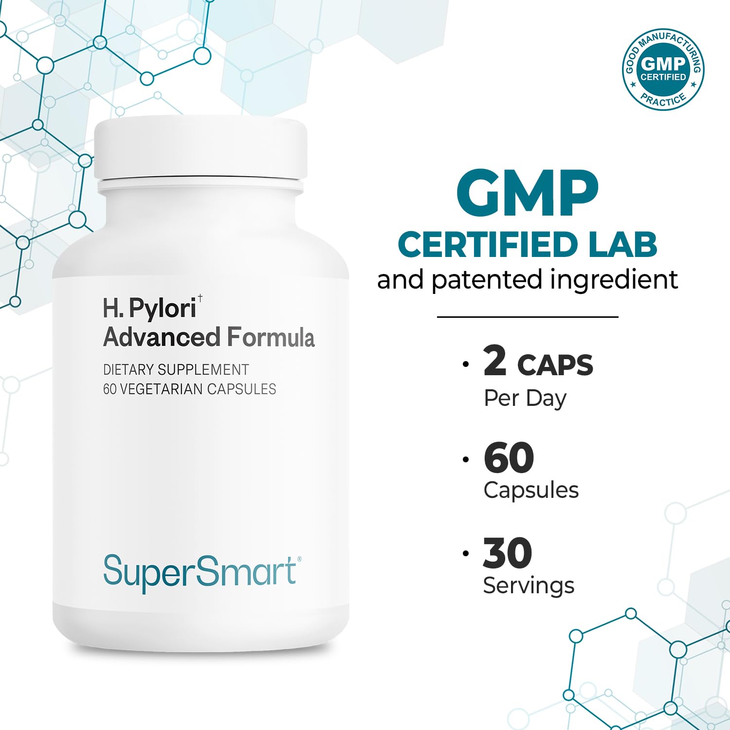 Supersmart H. Pylori Advanced Formula probiotic blend capsules highlight synergy