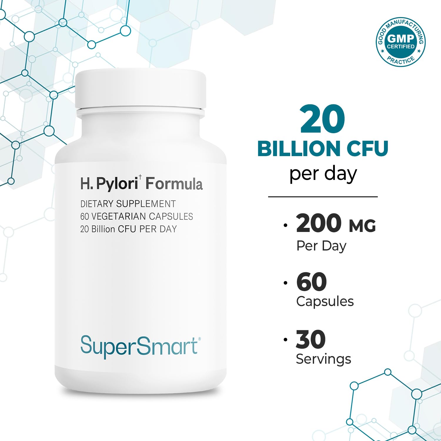 Non-GMO label on Supersmart H. Pylori Formula bottle