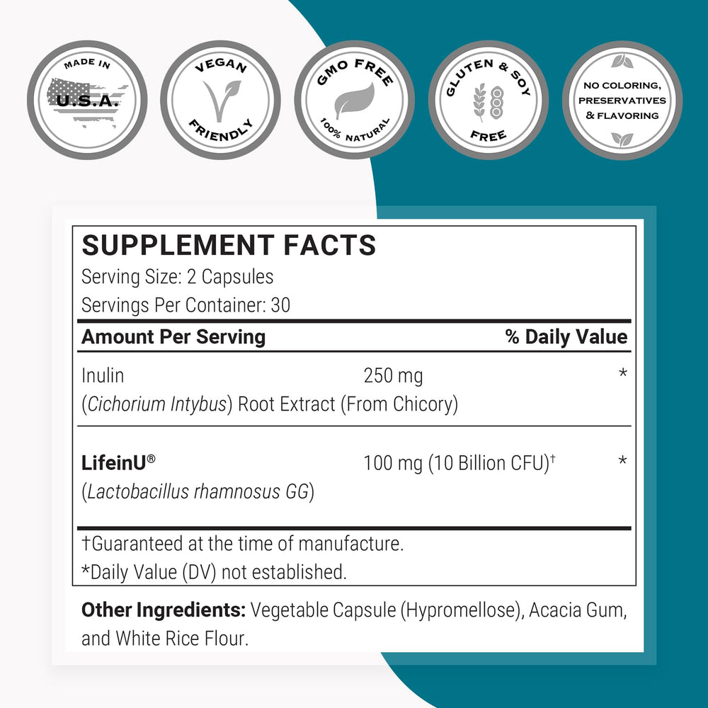 Supersmart inulin FOS icon accompanies LGG for prebiotic support