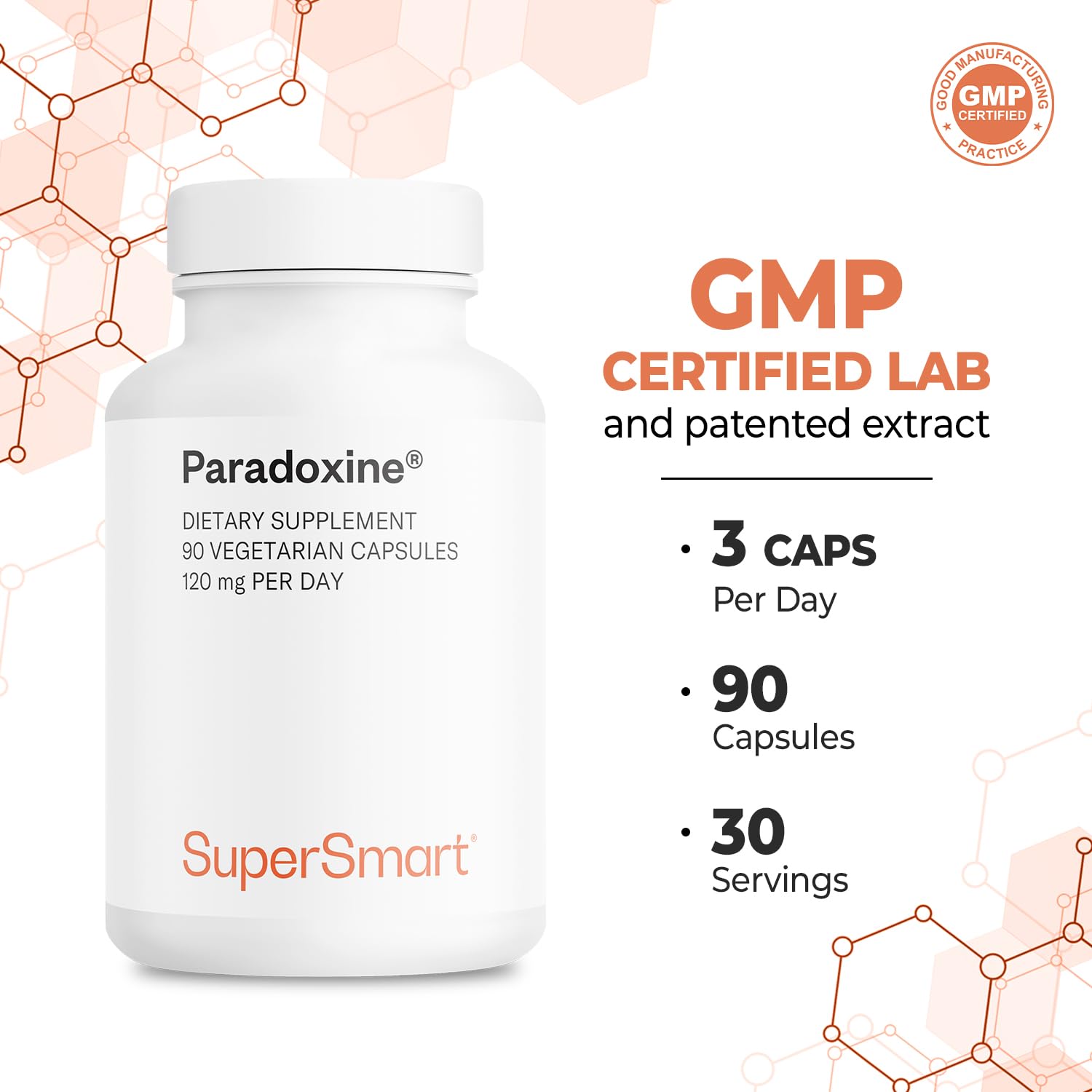 Non-GMO and gluten-free labeling on Supersmart Paradoxine packaging
