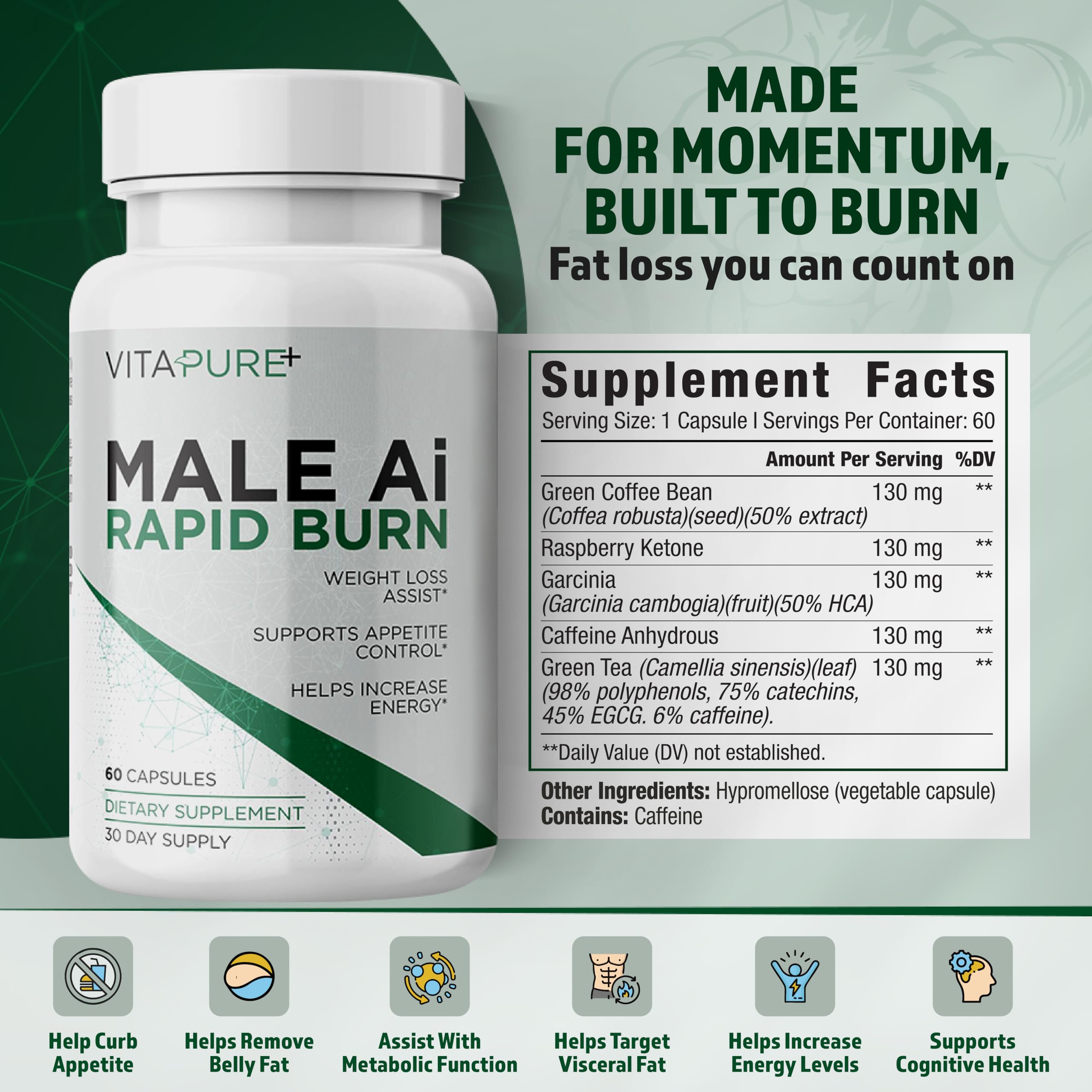 Supplement Universe Male AI Rapid Burn capsules closeup showing easy-to-take daily capsules.