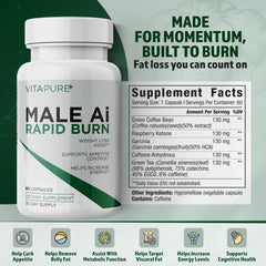 Supplement Universe Male AI Rapid Burn capsules closeup showing easy-to-take daily capsules.