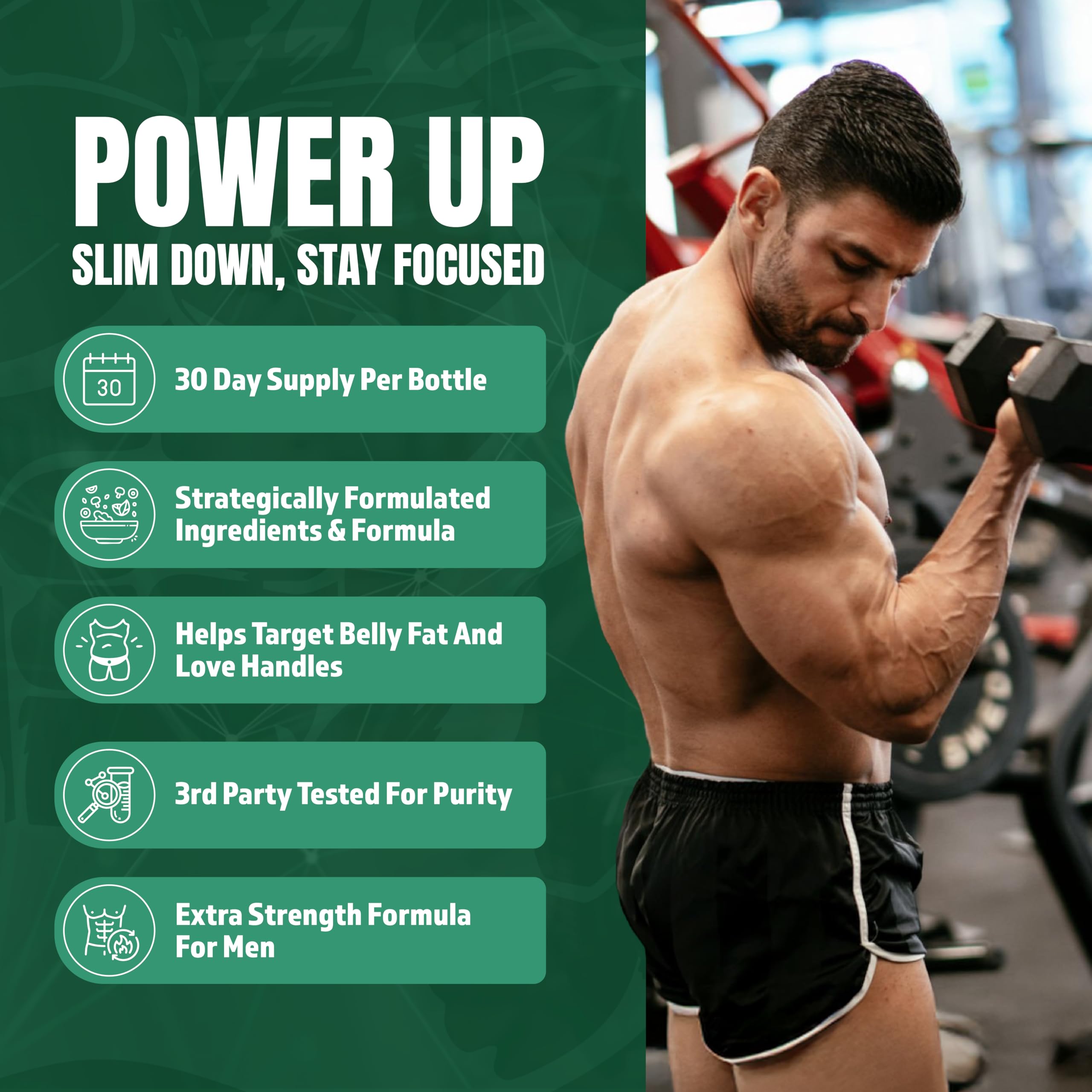 Supplement Universe Male AI Rapid Burn nutrition label highlights dosage and key ingredients.