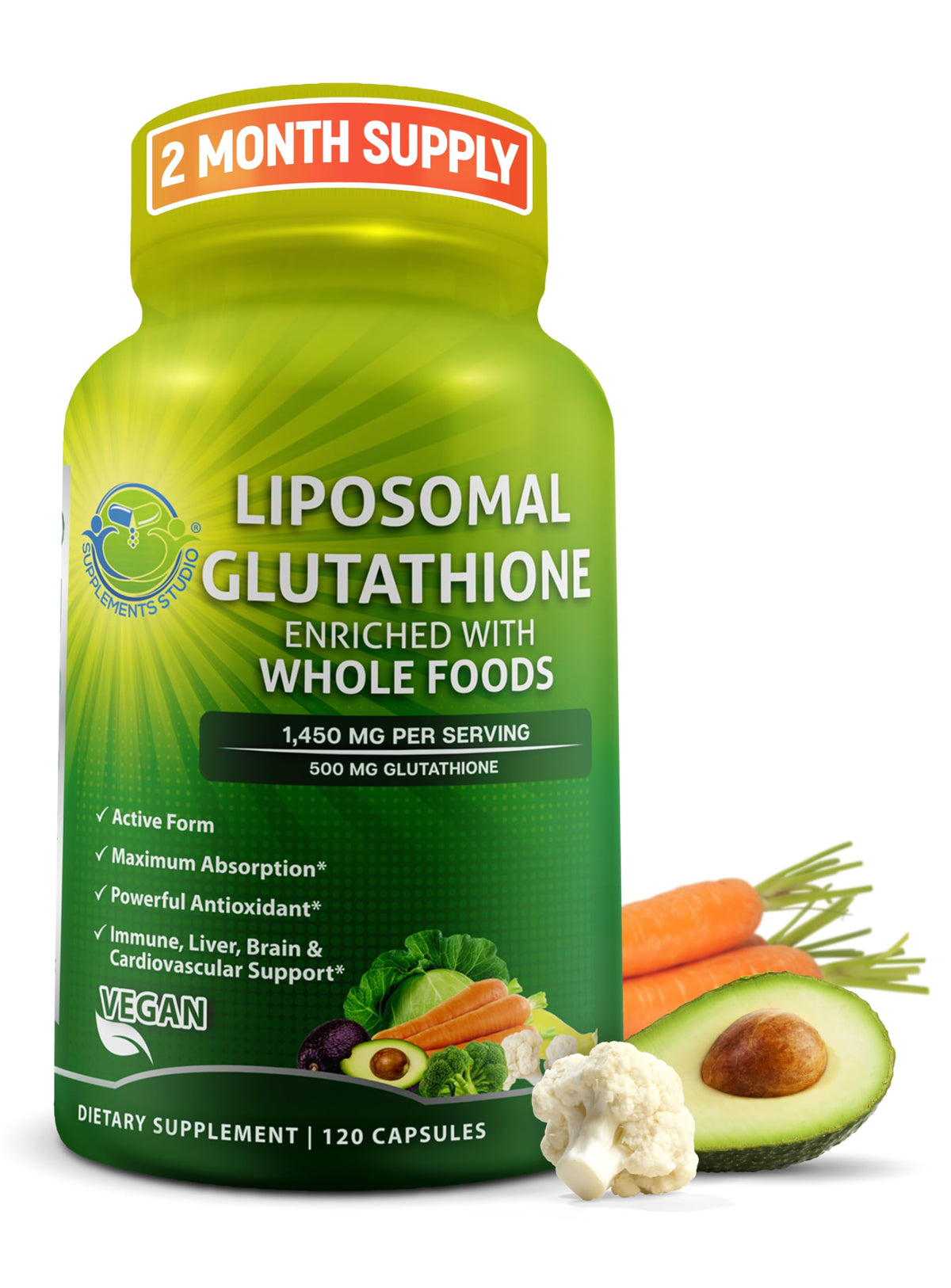 SUPPLEMENTS STUDIO Liposomal Glutathione 500mg bottle for daily immune support.