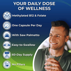 SUPPLEMENTS STUDIO Men’s Daily Multivitamin capsules close-up shows easy-to-swallow form.