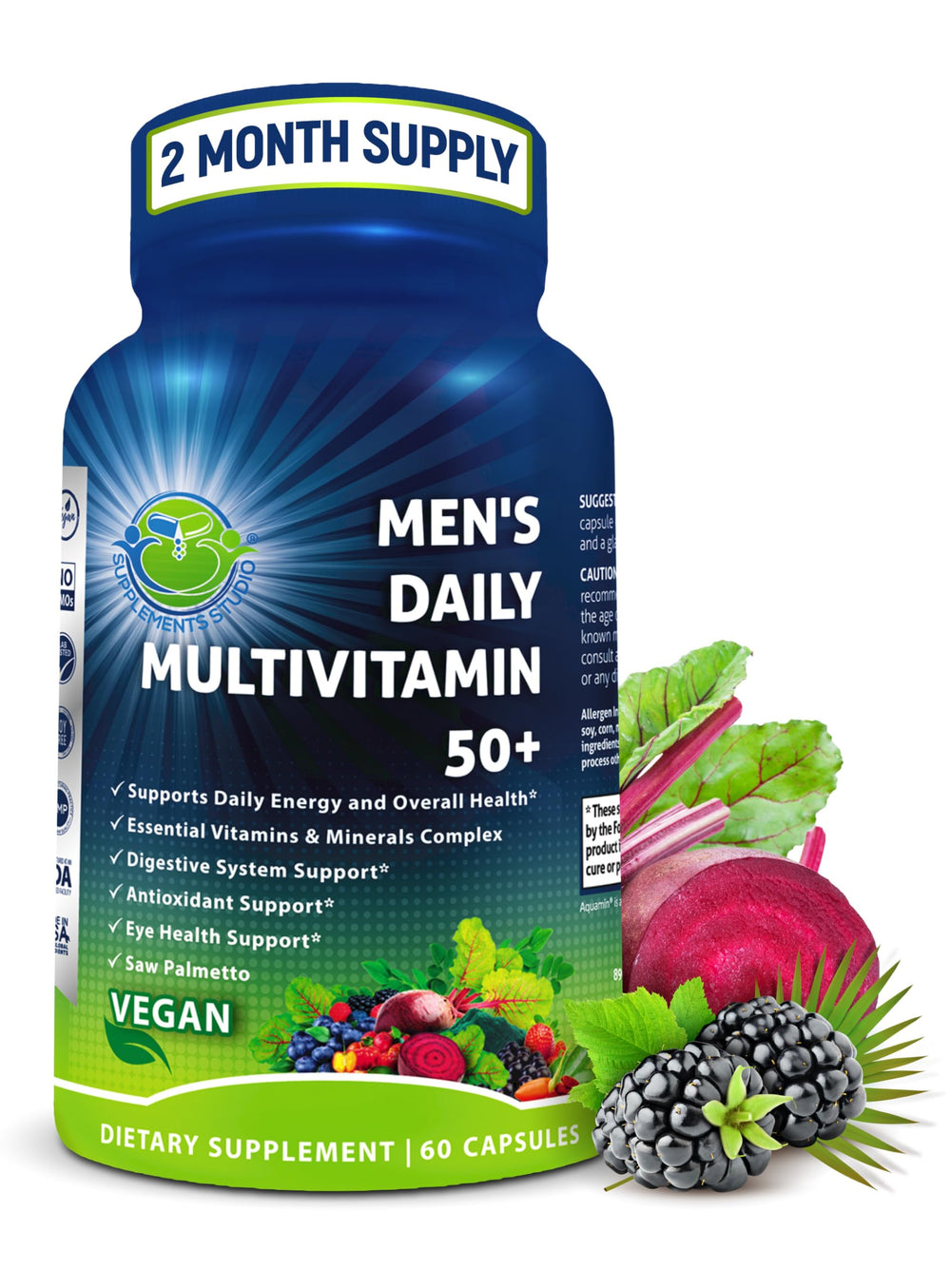 SUPPLEMENTS STUDIO men's daily multivitamin 50+ bottle front supports daily energy.