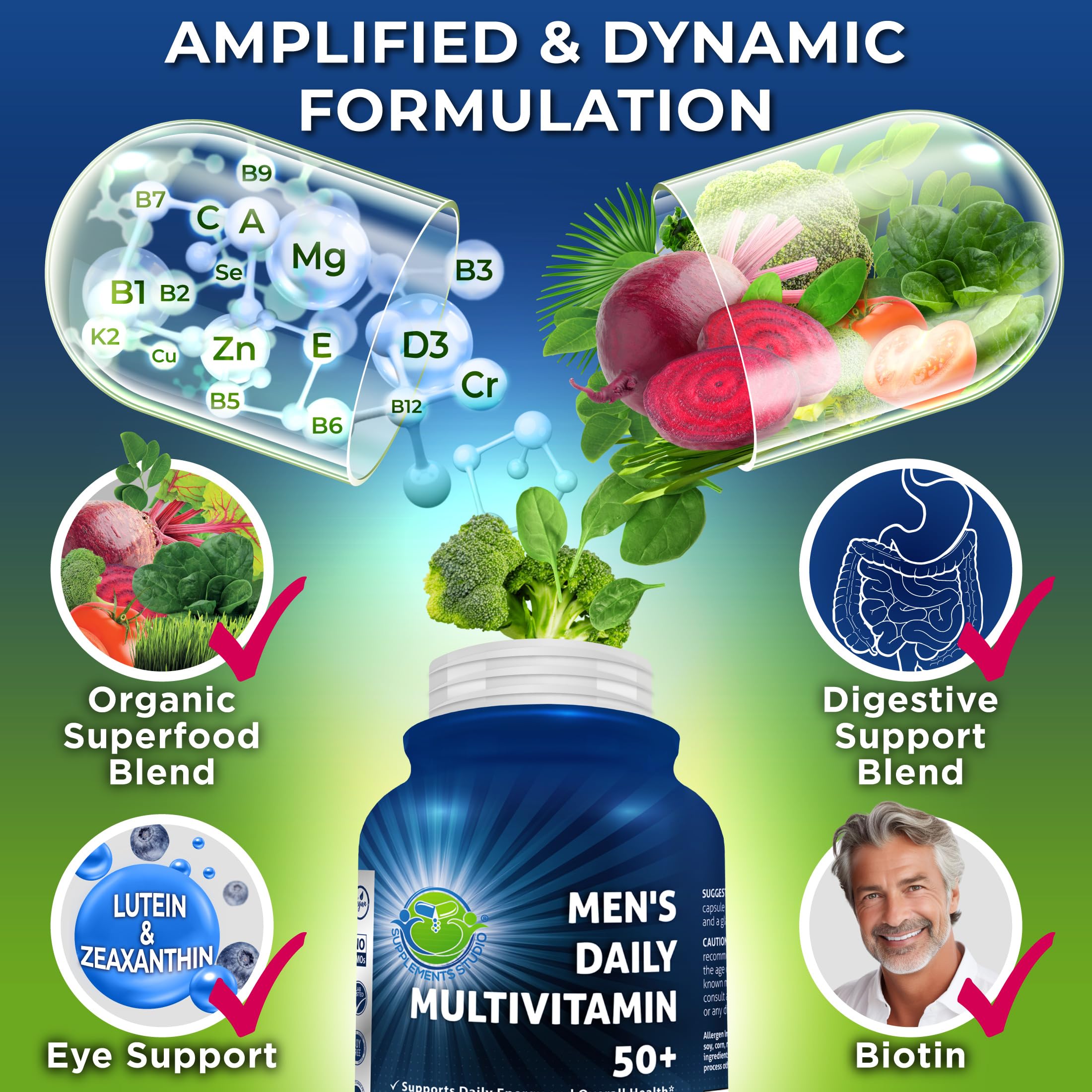 SUPPLEMENTS STUDIO men's daily multivitamin 50+ saw palmetto blend supports men's wellness.
