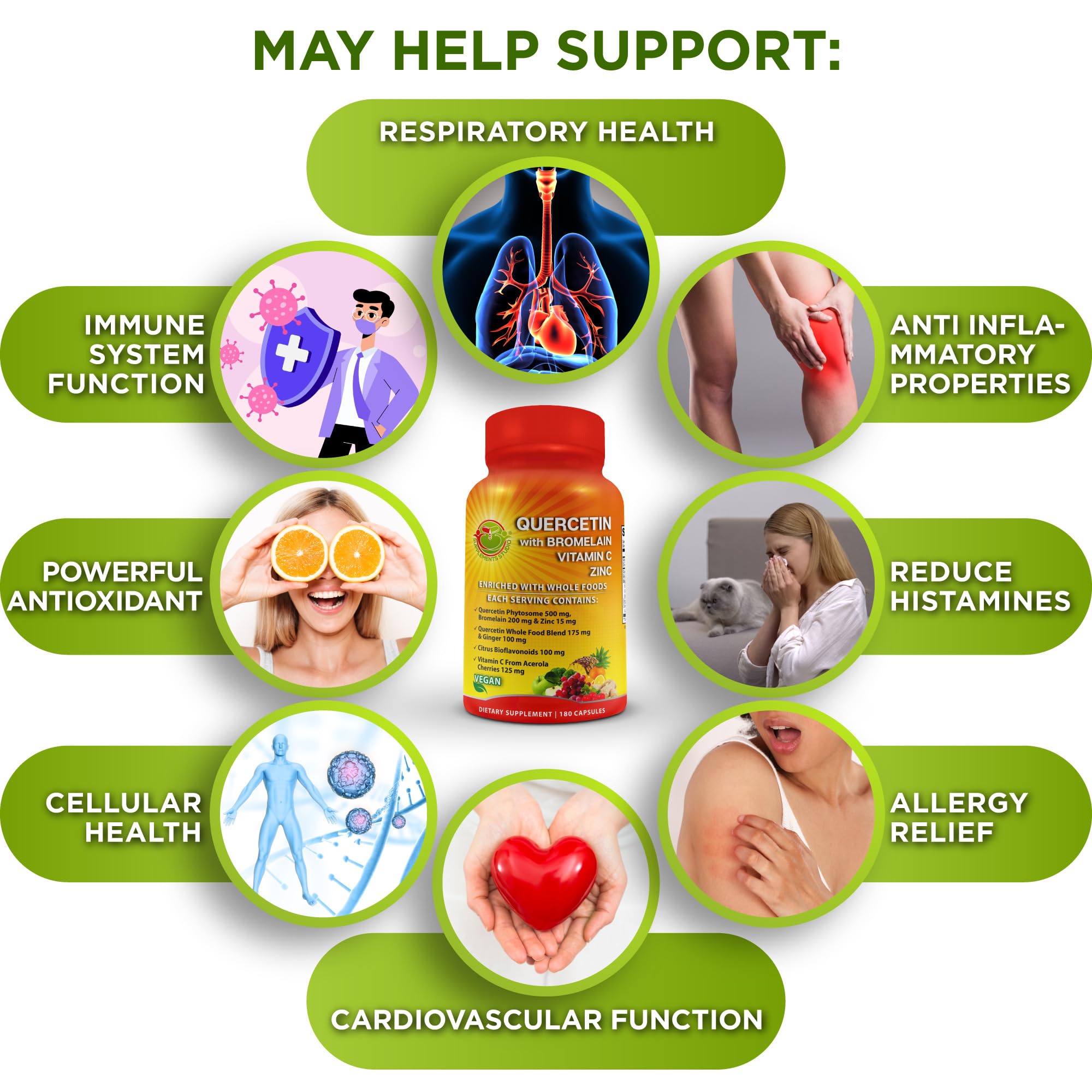 SUPPLEMENTS STUDIO Quercetin with bromelain and citrus bioflavonoids shown with organic ingredients