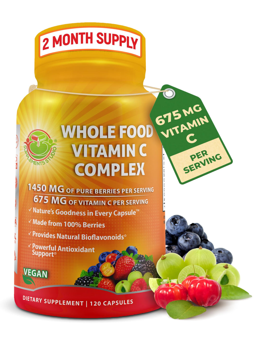 Supplements Studio Whole Food Vitamin C bottle shows berry blend for immune support